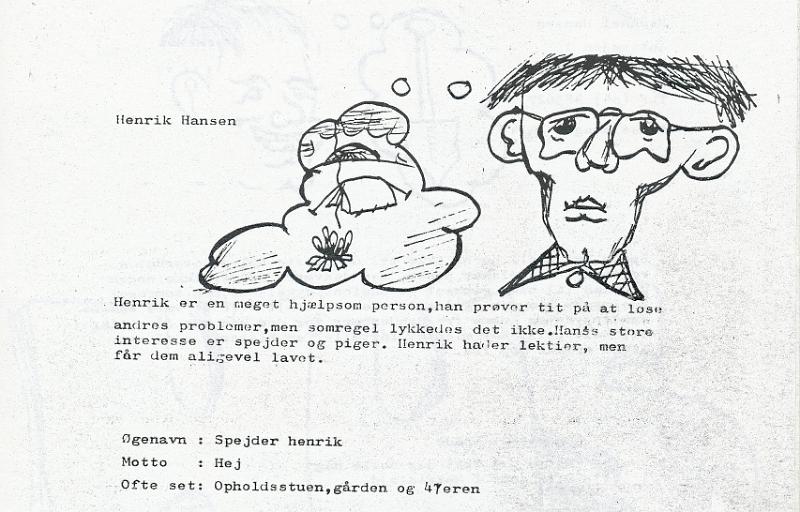 Blaa bog.jpg - En tegning om hvordan jeg var dengang da jeg gik i ungdomskole. -- A drawing that shows how i was at the time at continuation school. "Henrik is always helpsom. He always try to solve others problem but most times it newer succeed. His big interest is scout and girls. Henrik hates homework, but still get them done". "nickname: scout. Motto: he (laugh). Often seen: sitting room, gaarden and the house number 4 (places at the shool i did like alot more than the other. Girl houses)".